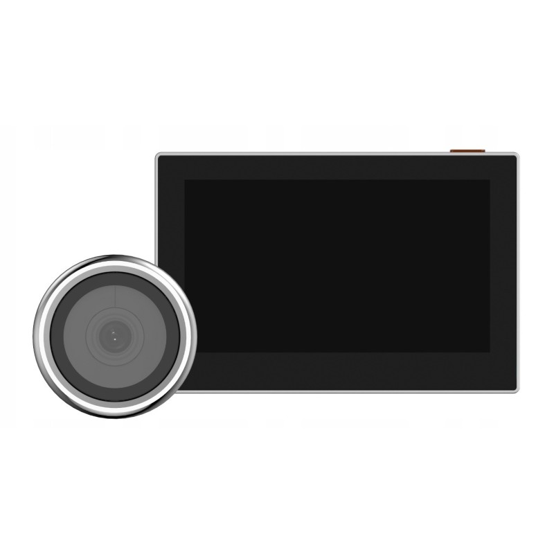 Miniaturowa kamera ukryta w wizjerze drzwiowym do dyskretnego monitoringu.
