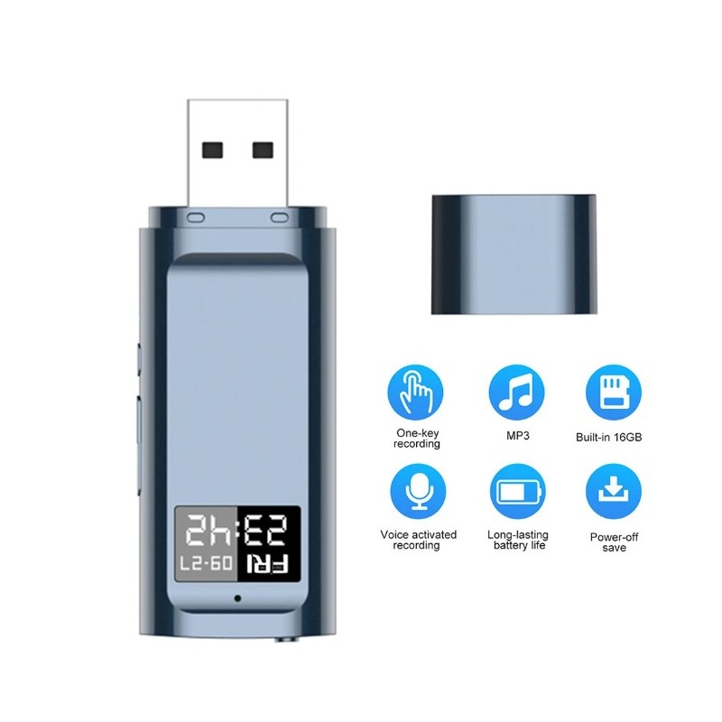 Rejestrator audio LCD X29 z pamięcią 8 GB, wyświetlaczem i złączem USB.