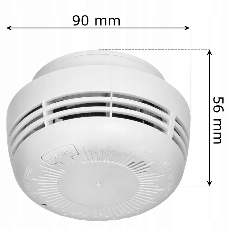 Kamera Wi-Fi ukryta w atrapie czujnika dymu o wymiarach 90 × 56 mm.
